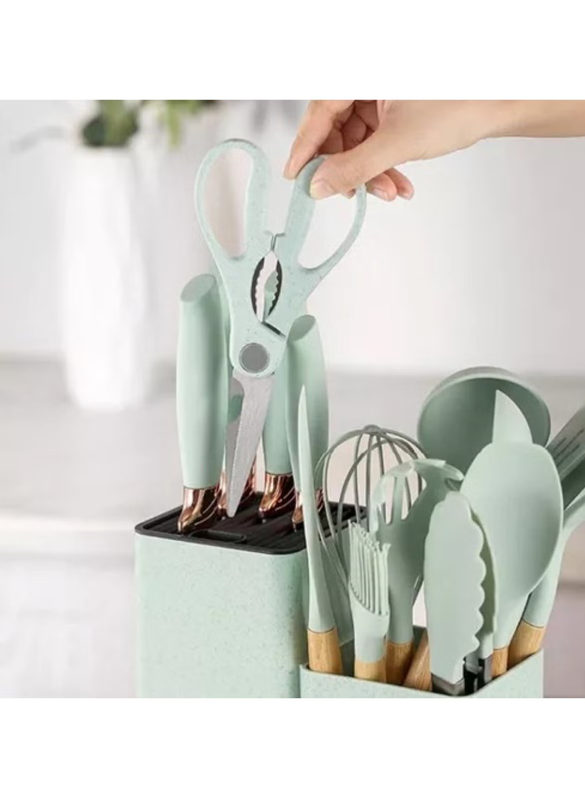 Huitich kitchen utensil set for modern home chefs with mint green handles and storage block