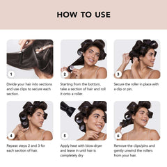Step-by-step guide showing how to use Kitsch best heatless curlers for waves with hair sectioning and blow-drying
