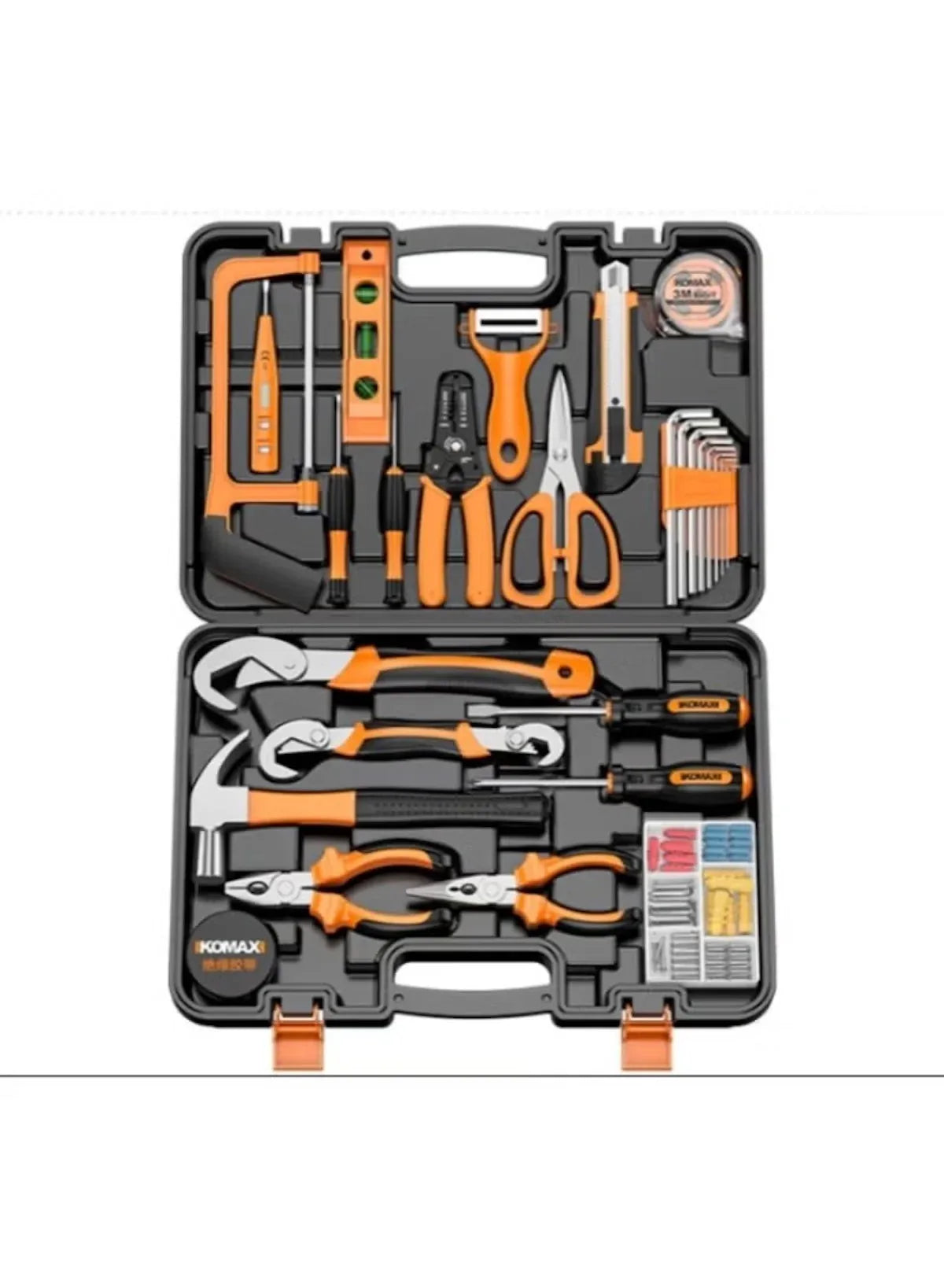Orange-and-black tool set case with assorted household hand tools inside