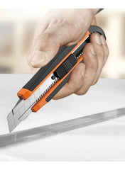 Retractable utility knife with orange handle and black cutting blade