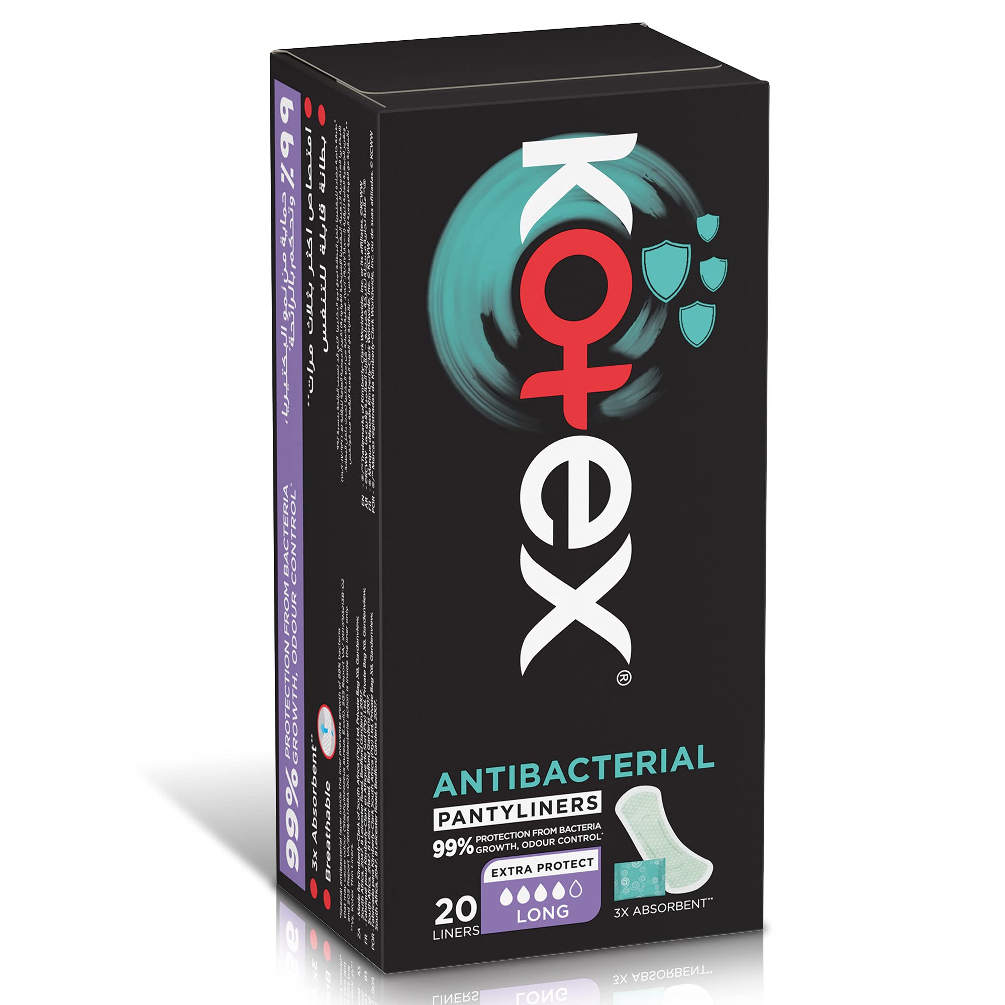 Box of Kotex Antibacterial panty Liners black pack 20 long extra protect 3x absorbent