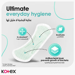 Kotex Antibacterial panty Liners showing breathable daily liner with 3x absorbent layer and antibacterial protection