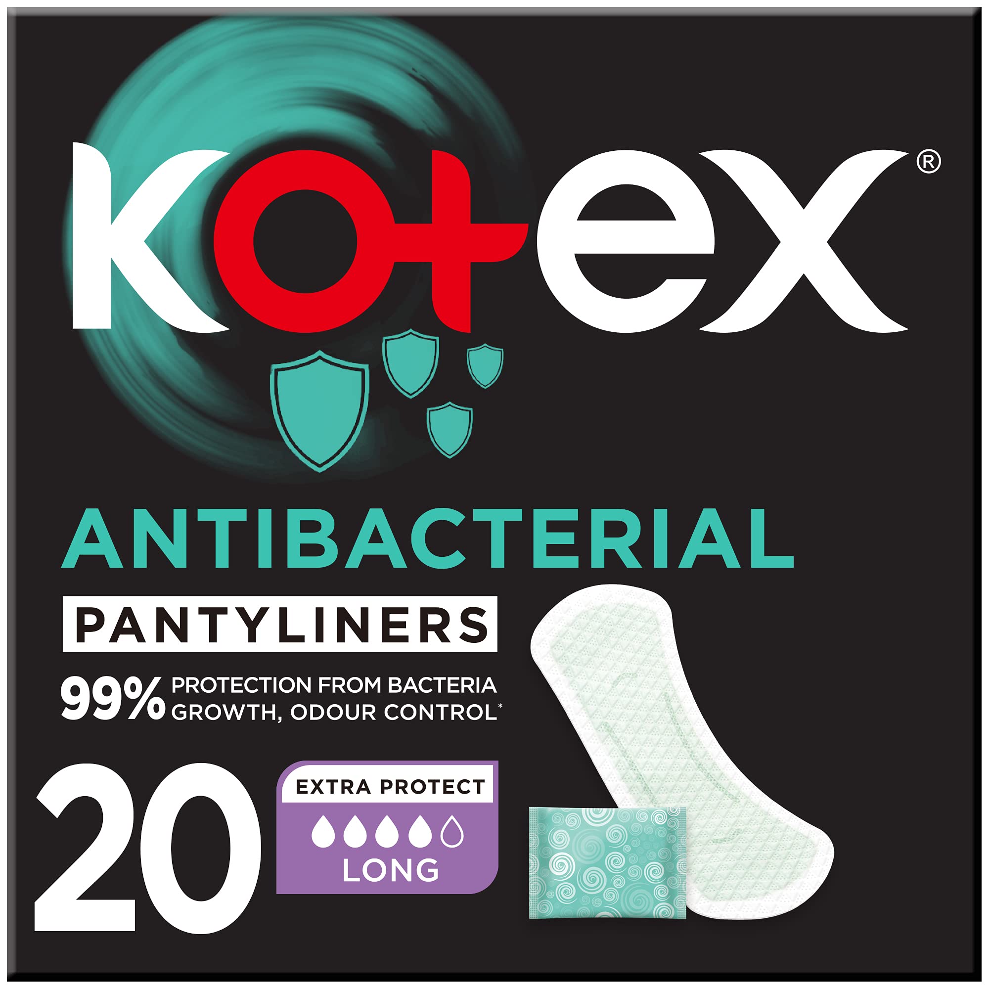 Kotex Antibacterial panty Liners 20 count box long extra protect pantyliners with odor control and liner image