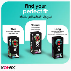 Kotex Antibacterial panty Liners three box options Thin Normal Long displayed on teal background with find your perfect fit text