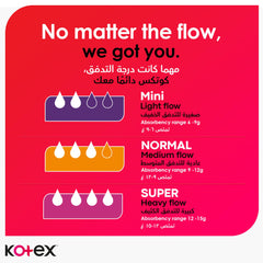 Kotex mini tampons UAE flow chart showing Mini Normal Super absorbency levels and packaging colors