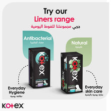 Kotex liners range poster with antibacterial and natural care tampon boxes