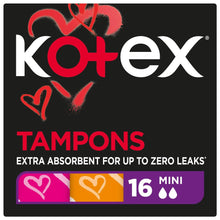 Kotex tampons box front, 16 mini with hearts icon and zero leaks claim