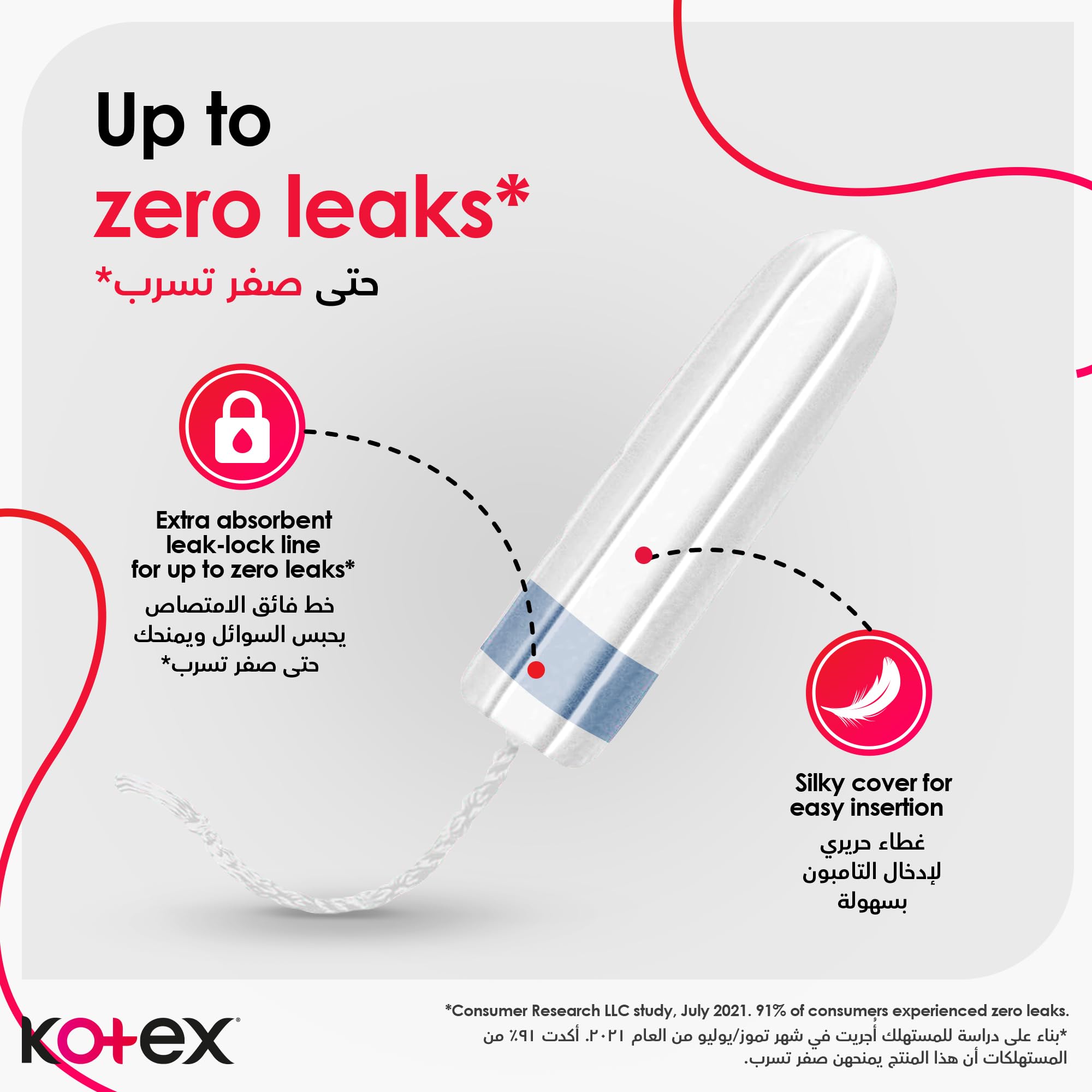 Kotex mini tampons UAE single white tampon with blue leak lock band, absorbent core and silky cover on white background