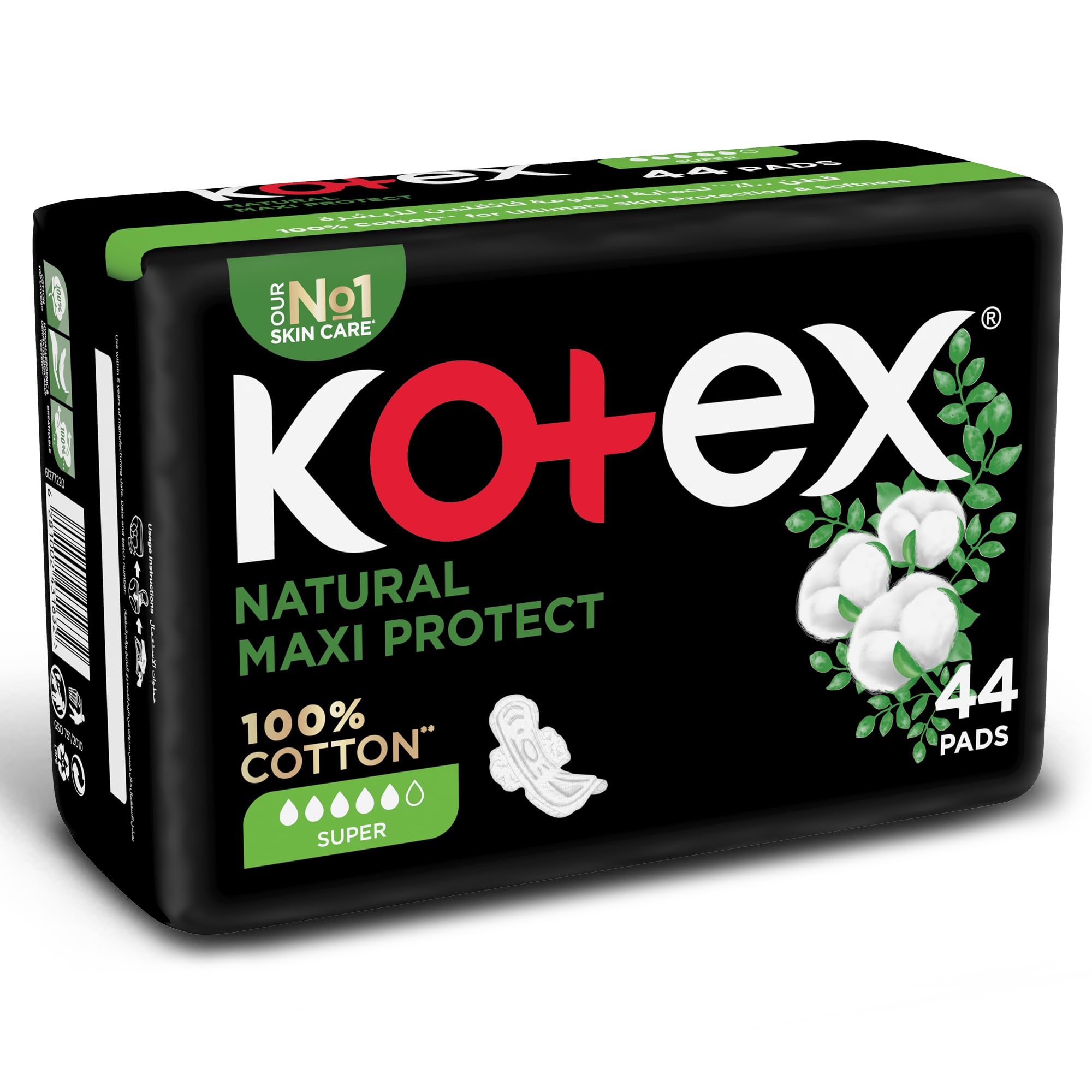 Kotex Natural Maxi Protect pads UAE black 44 pack showing 100 percent cotton super absorbent maxi pads