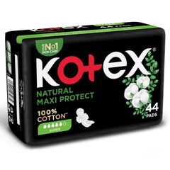 Kotex Natural Maxi Protect pads UAE black 44 pack showing 100 percent cotton super absorbent maxi pads