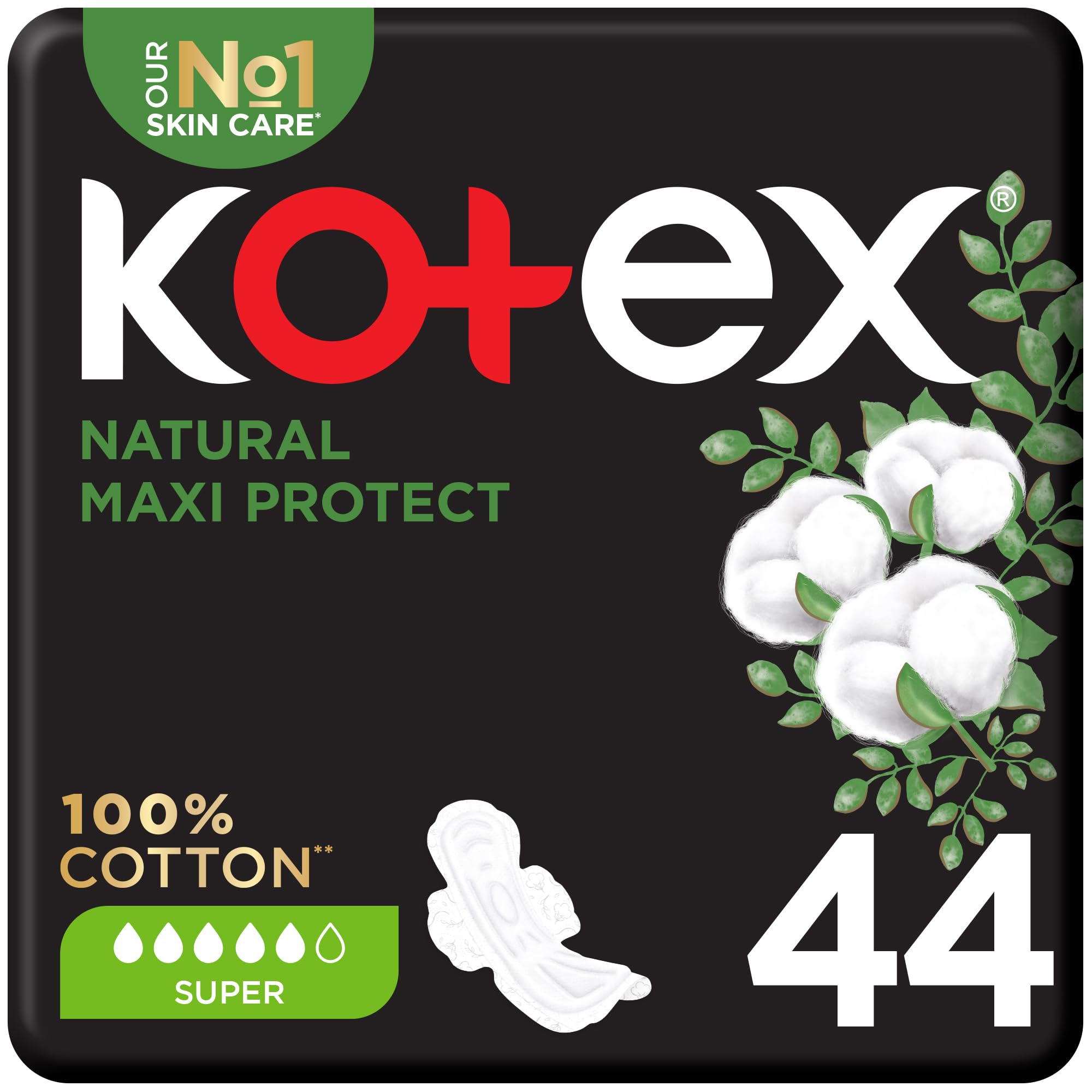 Kotex Natural Maxi Protect pads UAE black 44 count pack showing cotton flowers super absorbency 100 percent cotton