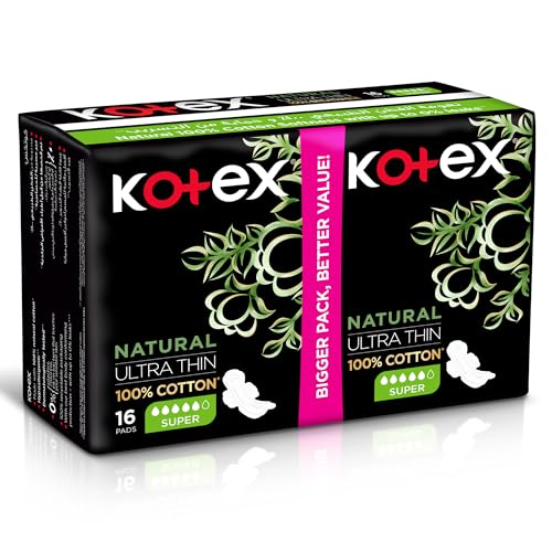 Kotex natural ultra thin pads 100 percent cotton super 16 count box with black floral packaging