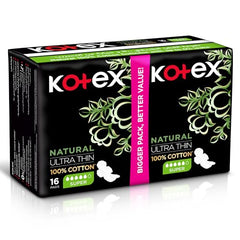 Kotex natural ultra thin pads 100 percent cotton super 16 count box with black floral packaging