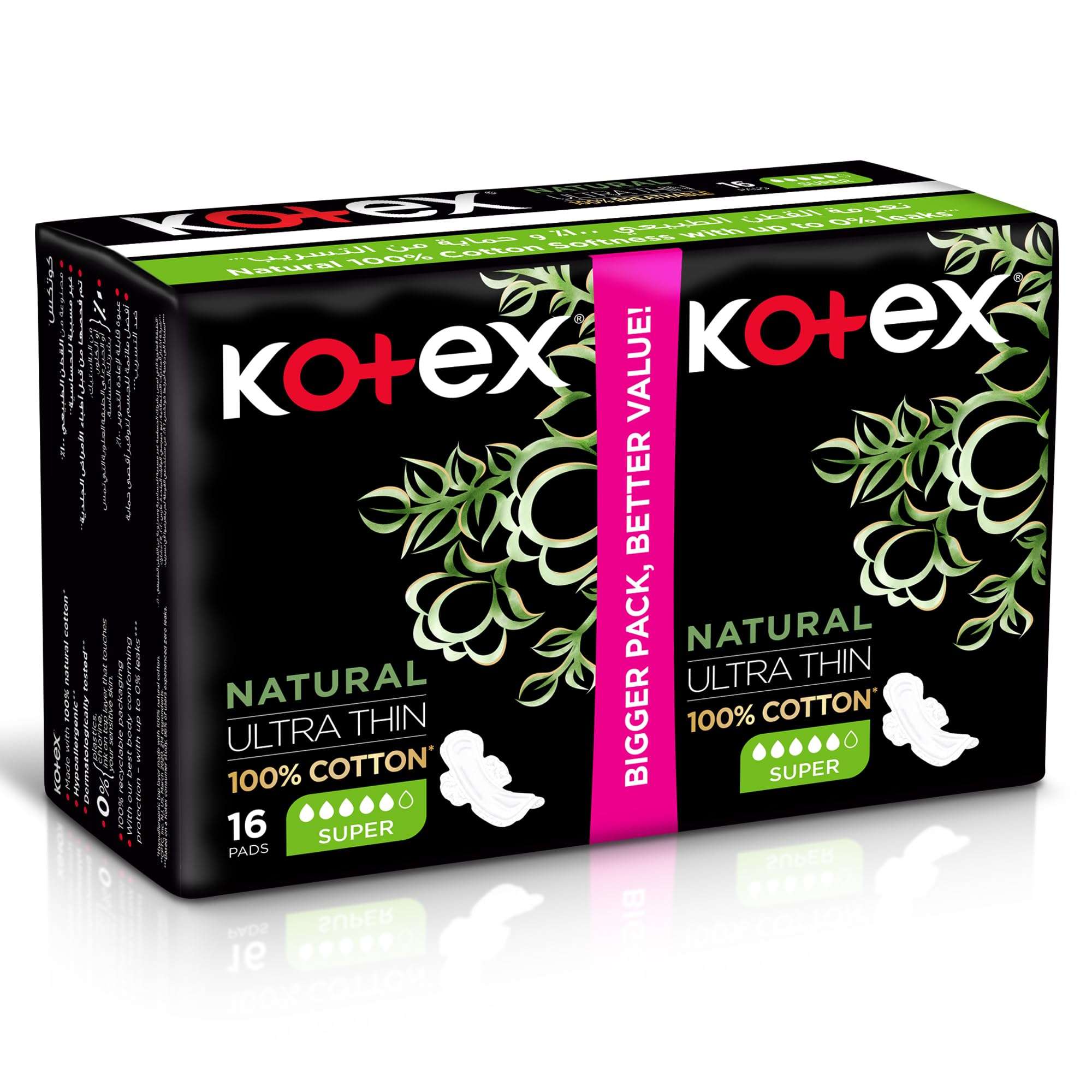 Kotex natural ultra thin pads 16 count box 100 percent cotton super absorbent black floral packaging