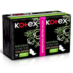 Kotex natural ultra thin pads 16 count box 100 percent cotton super absorbent black floral packaging