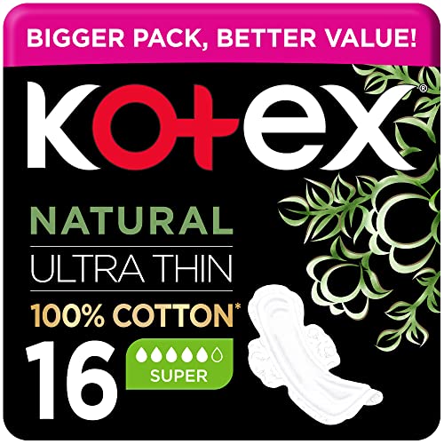 Kotex natural ultra thin pads 16 count package 100 percent cotton super absorbency black and pink box