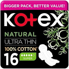 Kotex Natural Ultra Thin sanitary pad pack, super 16 count, 100% cotton, wings icon