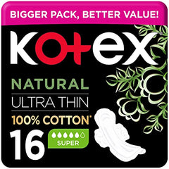 Kotex natural ultra thin pads 16 count package 100 percent cotton super absorbency black and pink box