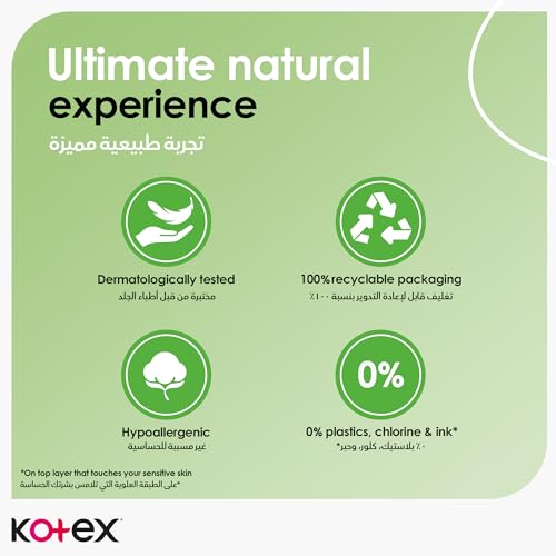 Kotex natural ultra thin pads showing recyclable packaging hypoallergenic dermatologist tested free of plastics chlorine and ink