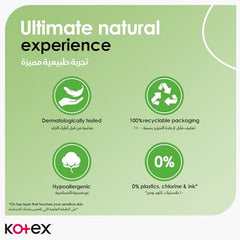 Kotex natural ultra thin pads showing recyclable packaging hypoallergenic dermatologist tested free of plastics chlorine and ink