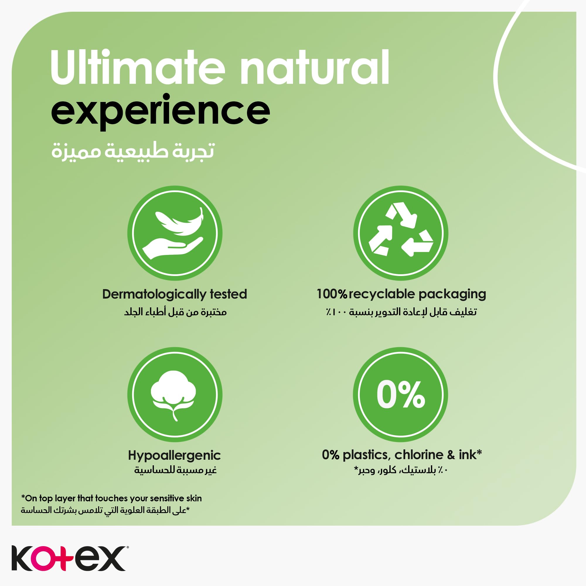 Kotex natural ultra thin pads image with dermatologically tested hypoallergenic features recyclable packaging and 0 percent plastics