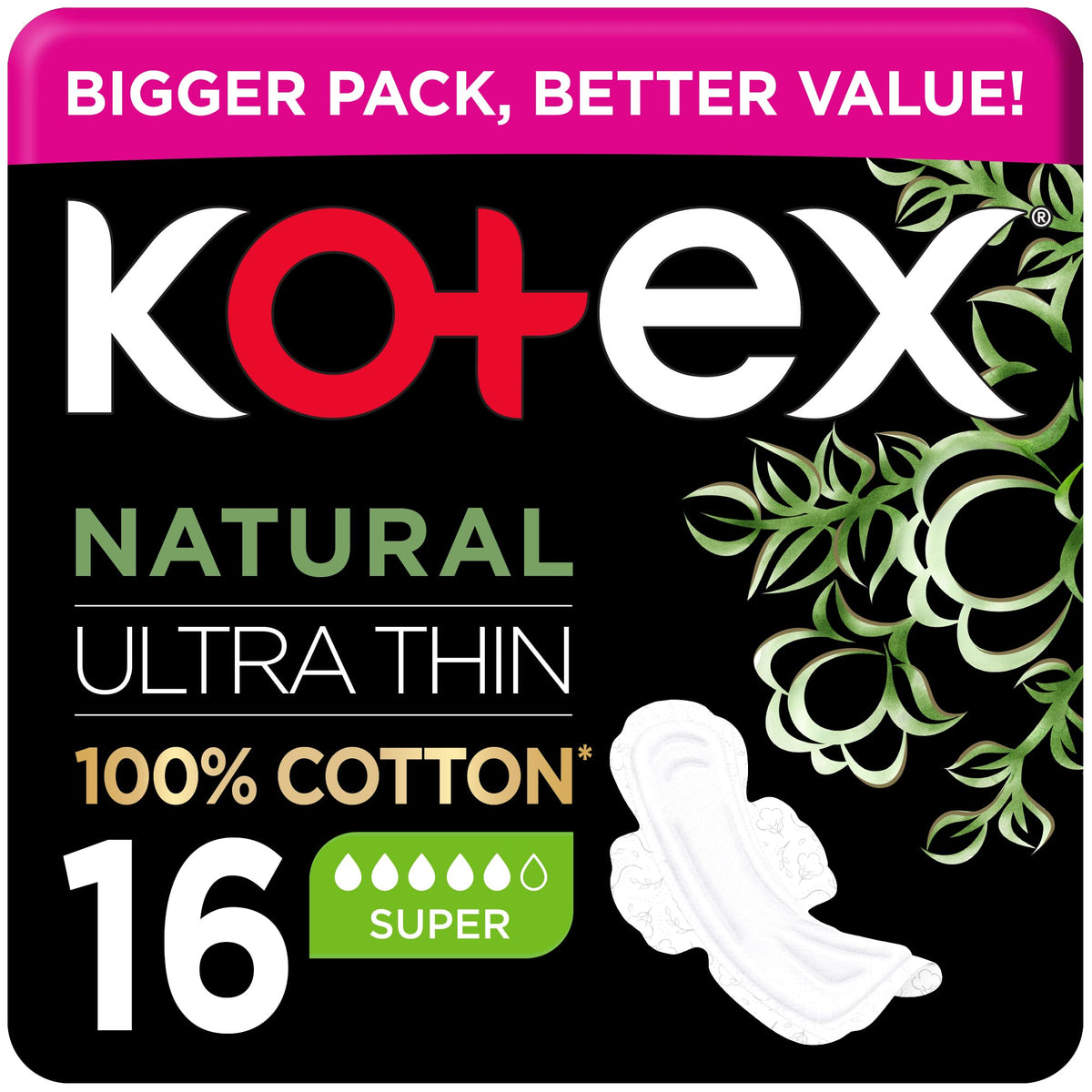 Kotex natural ultra thin pads 16 count super absorbency 100 percent cotton feminine pad pack