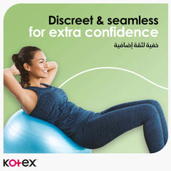 Kotex natural ultra thin pads advertisement showing woman reclining on an exercise ball, promoting discreet seamless comfort