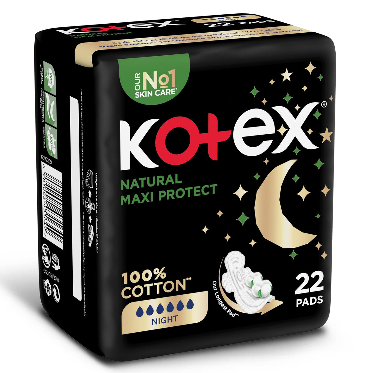 Kotex overnight pads with wings Natural Maxi Protect night 100 percent cotton 22 pads black packaging with moon design