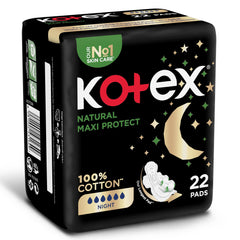 Kotex overnight pads with wings Natural Maxi Protect night 100 percent cotton 22 pads black packaging with moon design