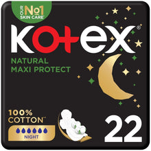 Kotex Natural Maxi Protect overnight pads, 22 count, black pack front view