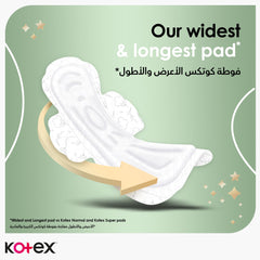 Kotex overnight pads with wings extra wide and long white pad on green background showing arrow