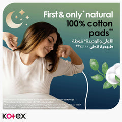 Woman stretching in bed beside cotton graphic and branding promoting Kotex overnight pads with wings 100 percent cotton