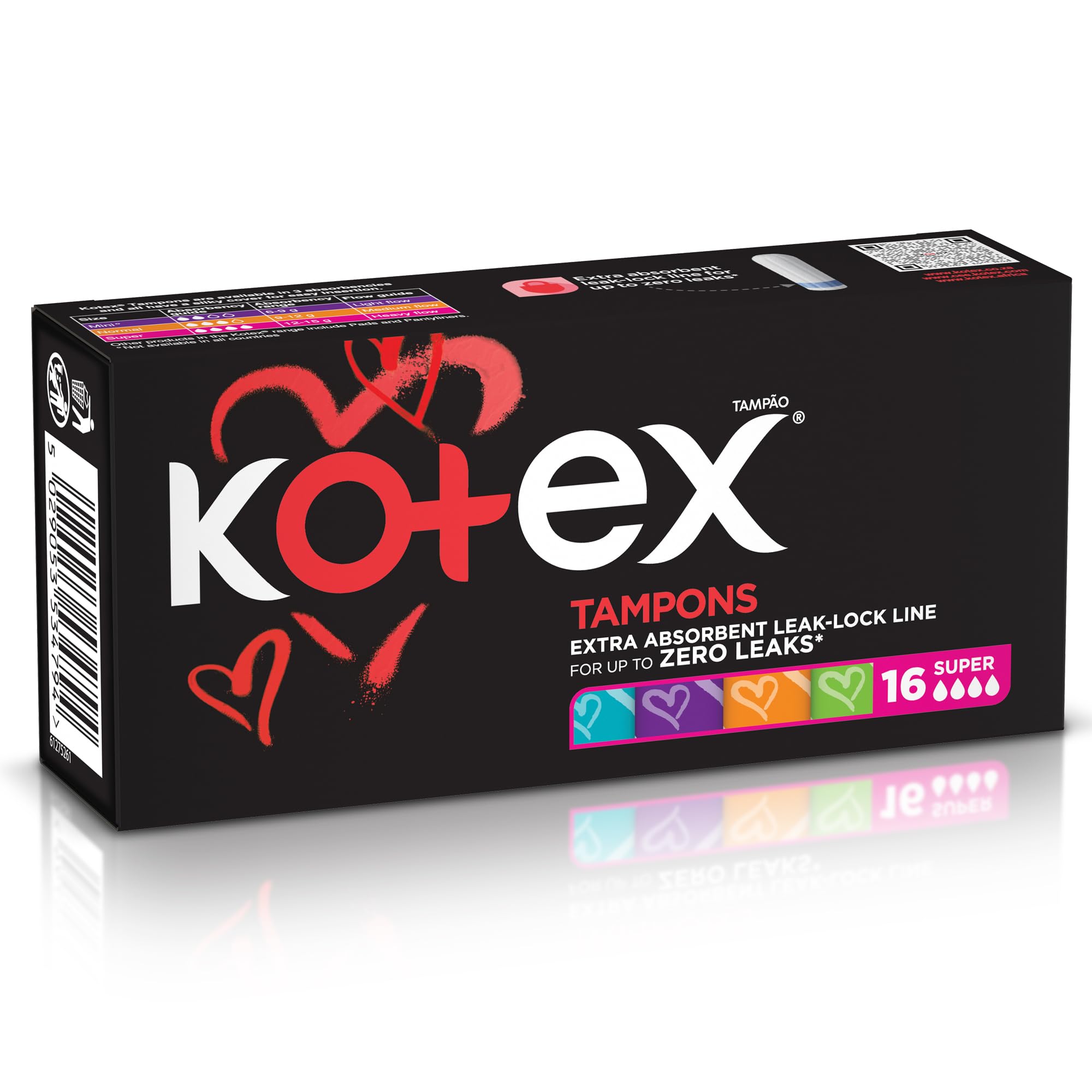 Kotex Silky Cover super tampons 16 count black box with heart design extra absorbent leak lock