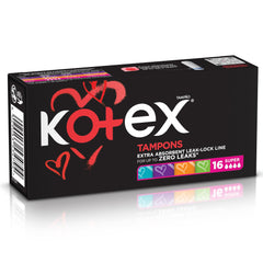 Kotex Silky Cover super tampons 16 count black box with heart design extra absorbent leak lock