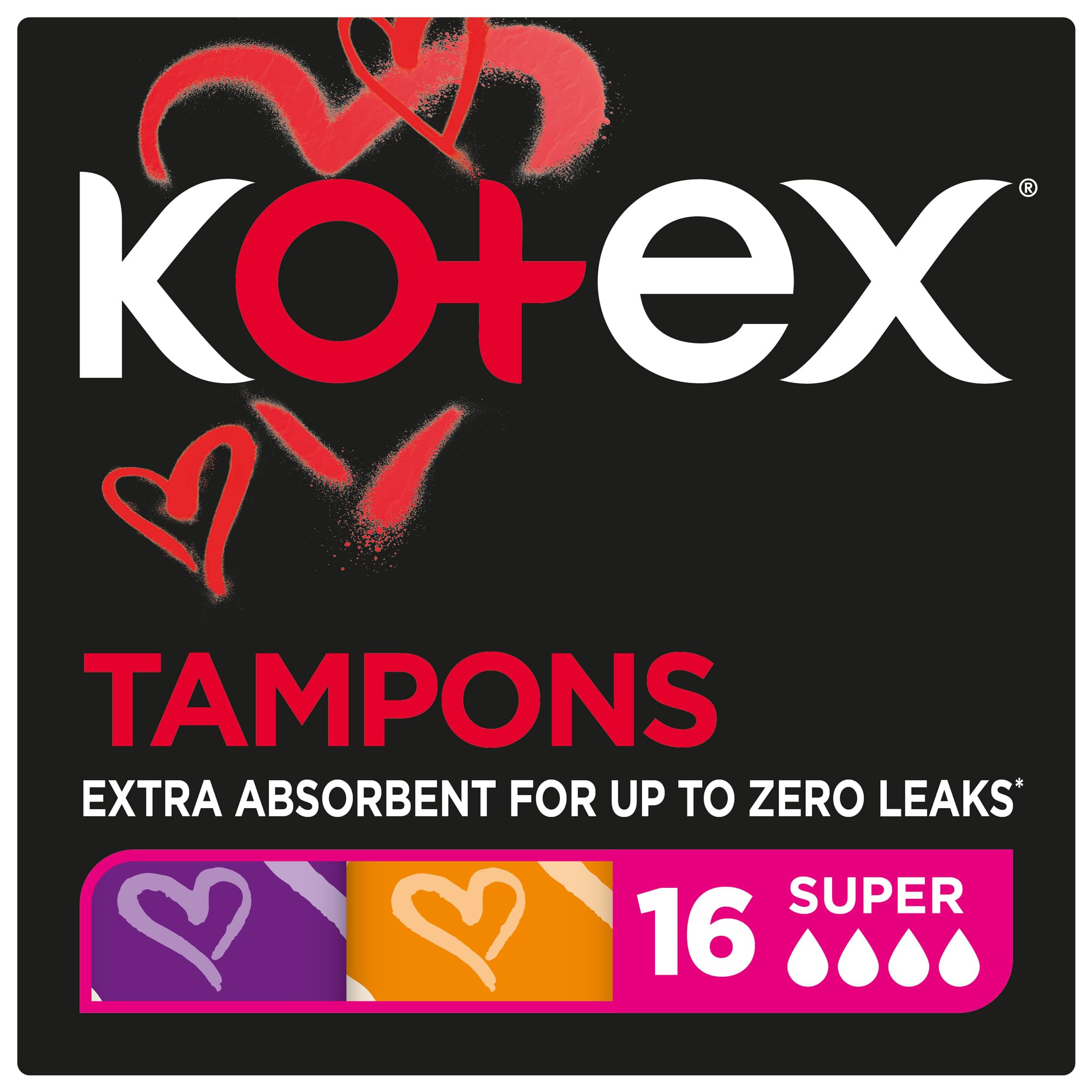 Kotex Silky Cover super tampons black box packaging with red hearts and 16 count Super absorbency label