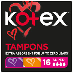 Kotex Silky Cover super tampons black box packaging with red hearts and 16 count Super absorbency label