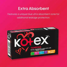 Kotex tampons box featuring extra absorbent blue zone