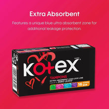Kotex tampons box highlighting extra absorbent zone for up to zero leaks