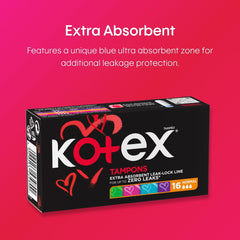 Kotex silky cover tampons UAE box of 16 normal extra absorbent tampons in black packaging with heart design