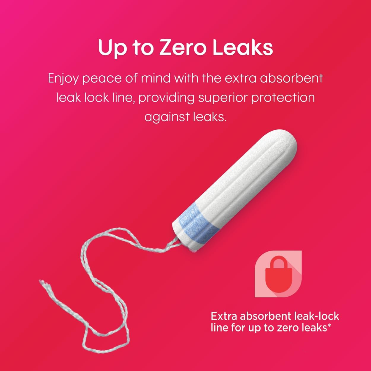 Kotex silky cover tampons UAE product image showing tampon with blue leak lock band and string on pink background