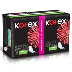 Kotex ultra thin sanitary pads 16 count super pack black box with pink daisy graphic and packaging details