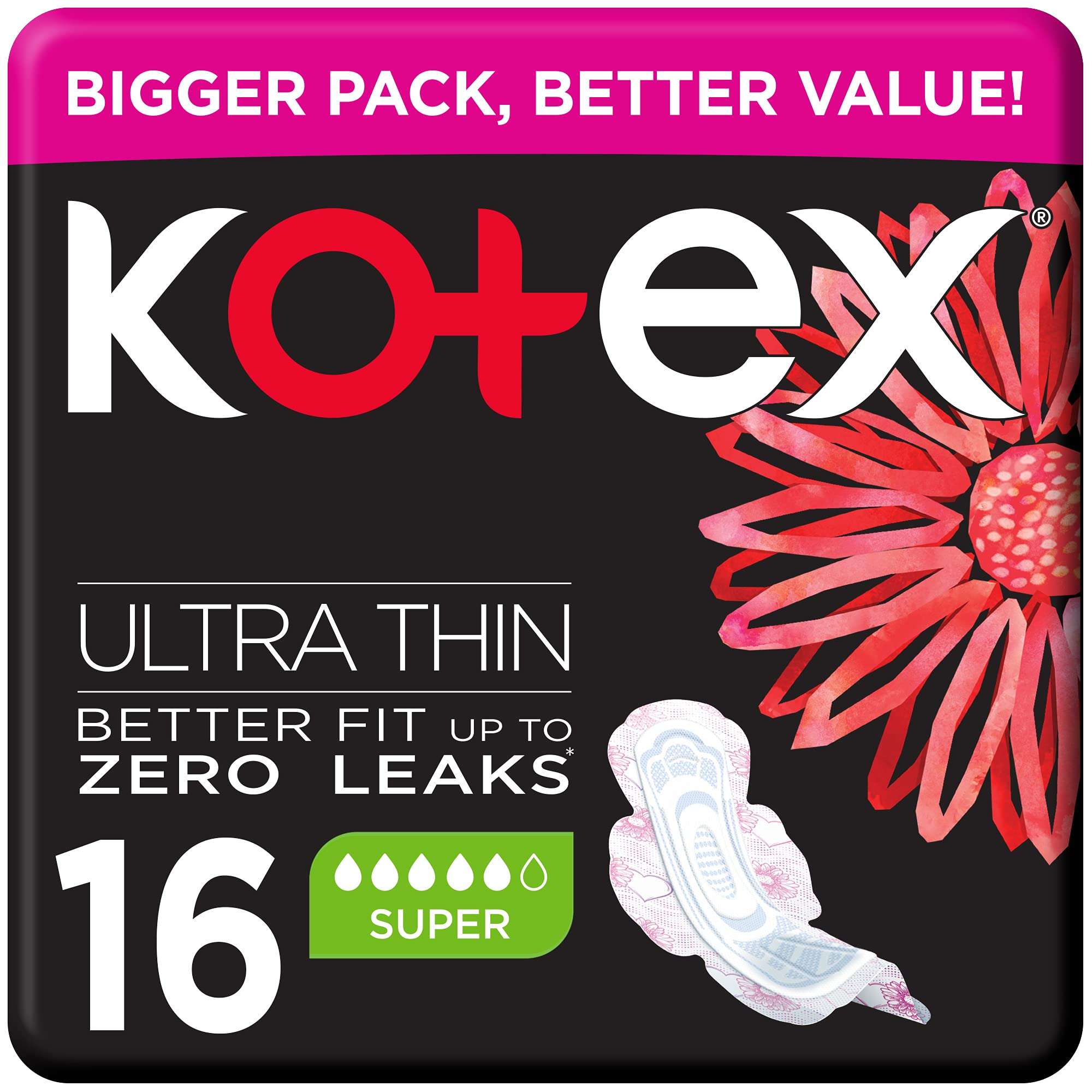 Kotex ultra thin sanitary pads 16 count super absorbency pack black packaging with pink flower