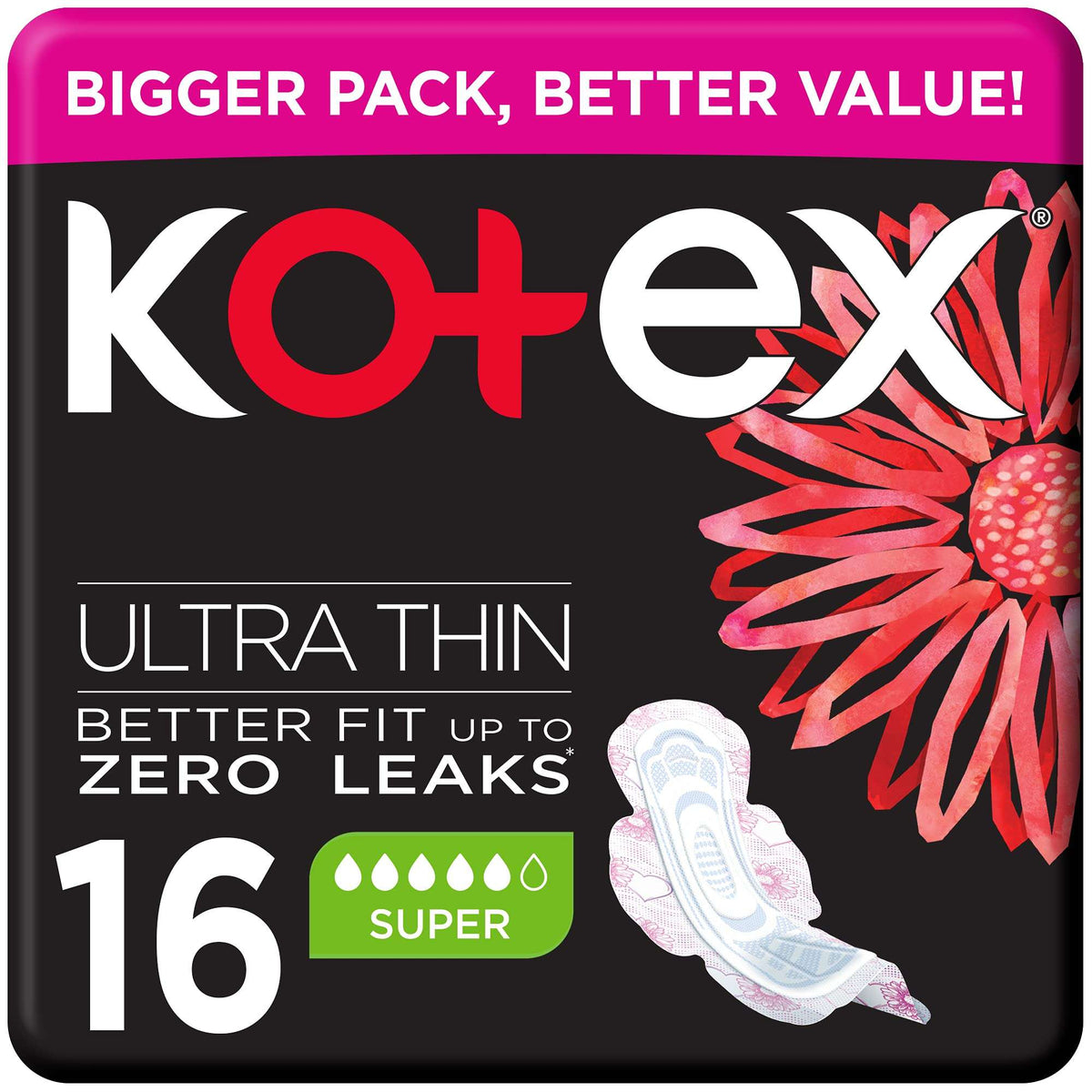 Kotex ultra thin sanitary pads 16 count super absorbency pack black packaging with pink flower