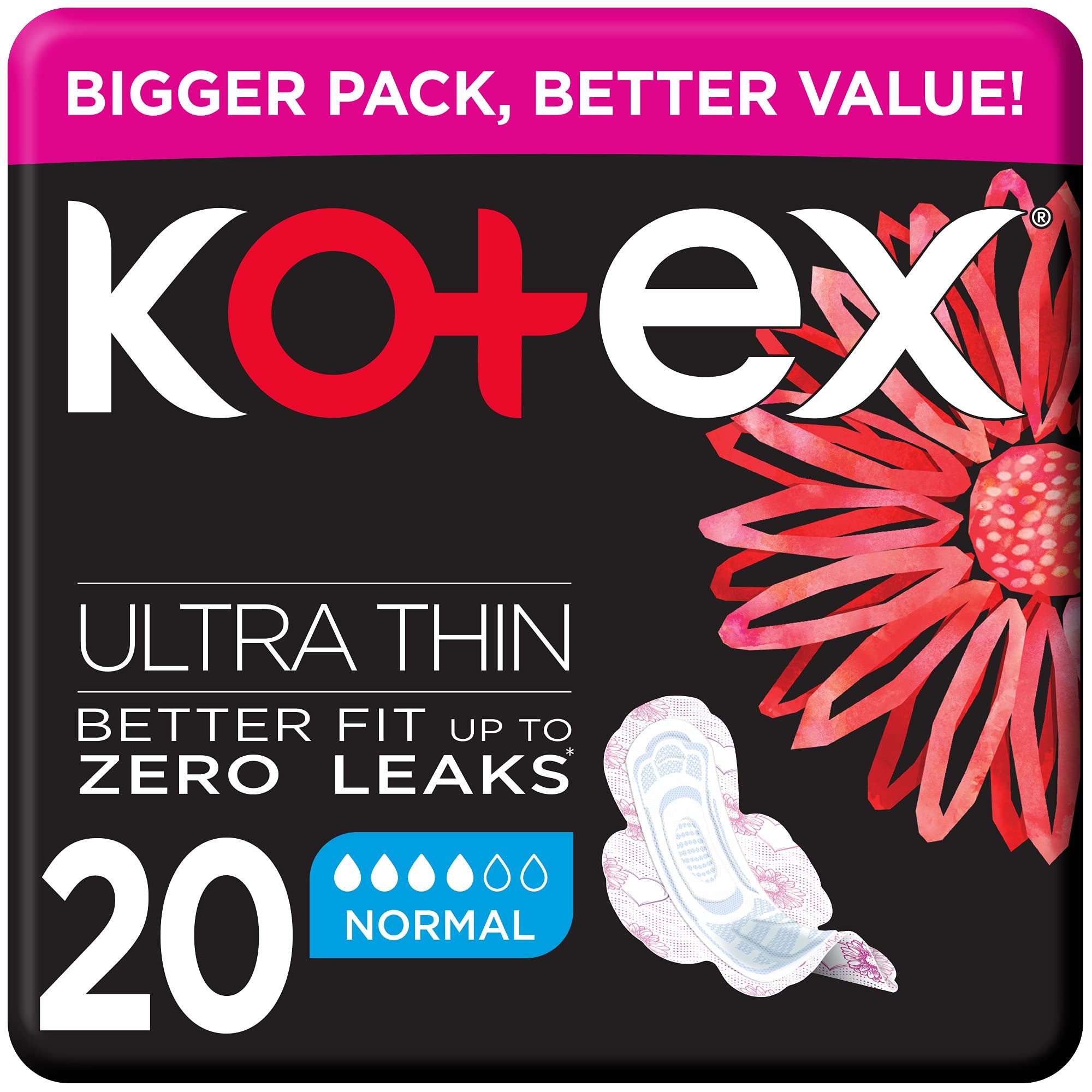 Kotex package of 20 ultra thin sanitary pads with wings in normal absorbency black floral pack