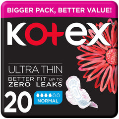 Kotex package of 20 ultra thin sanitary pads with wings in normal absorbency black floral pack