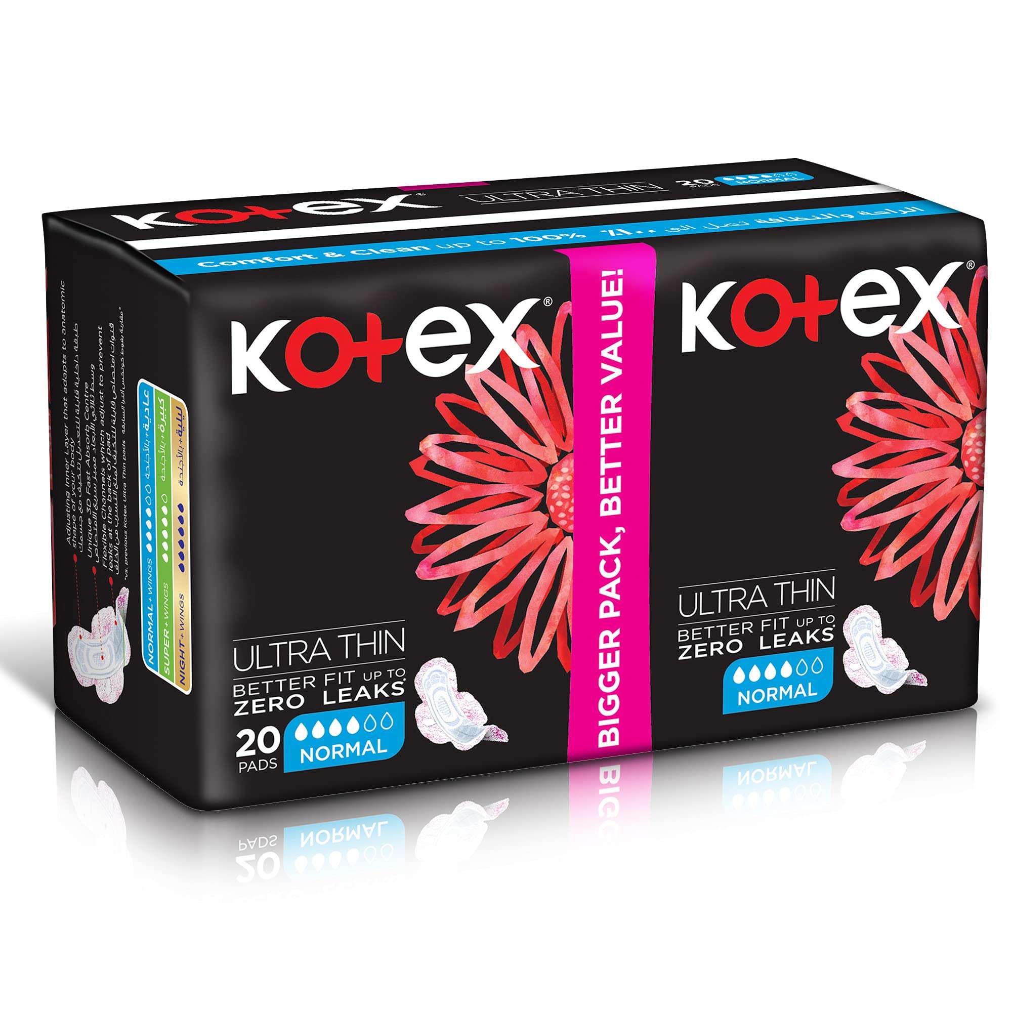Kotex ultra thin sanitary pads with wings 20 count normal absorbency black pack with red flower design