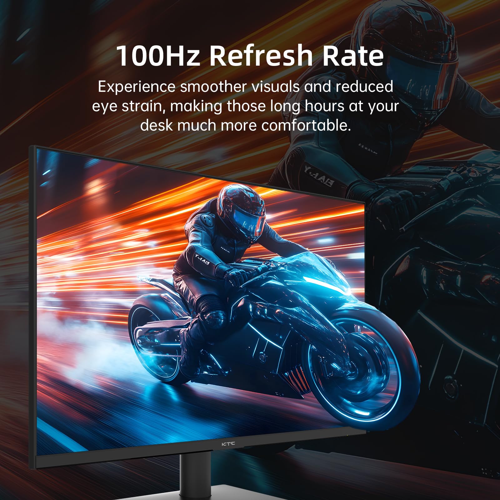 KTC 1080p 100Hz PC monitor displaying a futuristic motorcycle racing scene with vibrant motion effects