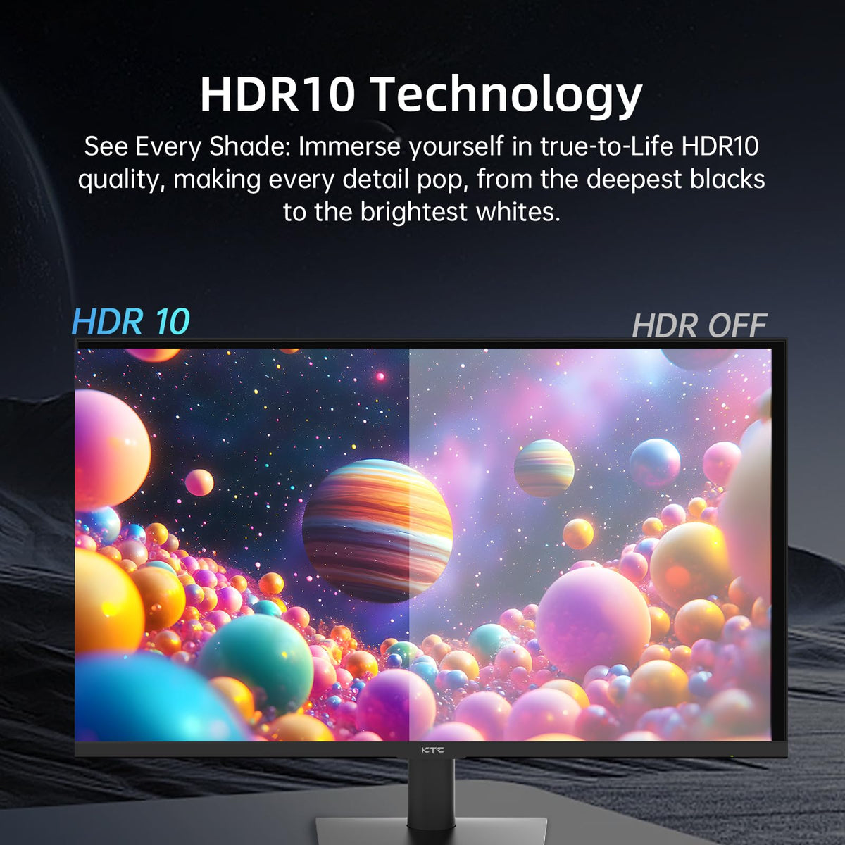 KTC 1080p 100Hz PC monitor displaying HDR10 technology with vibrant cosmic scene highlighting deeper blacks and brighter whites