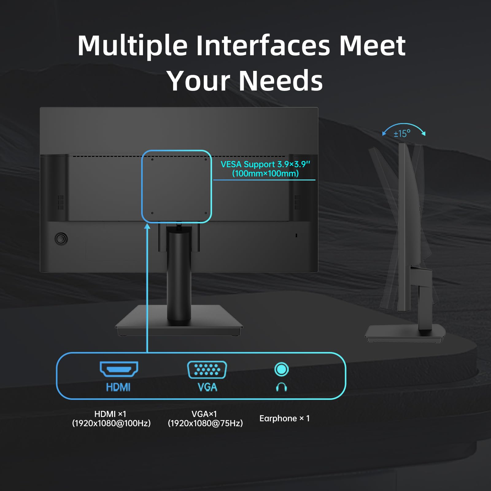 KTC 1080p 100Hz PC monitor shown from back with HDMI VGA earphone ports and adjustable tilt stand