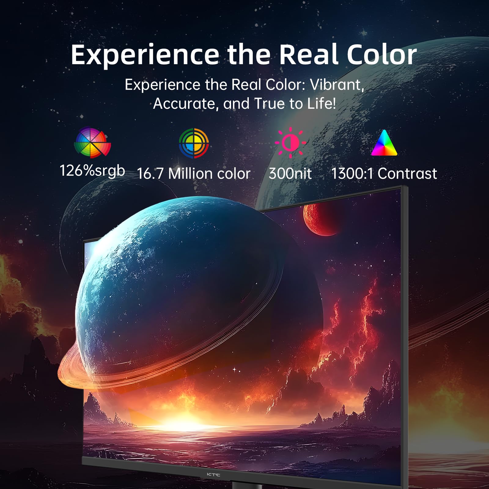 KTC 1080p 100Hz PC monitor displaying vibrant space-themed image with vivid colors and high contrast